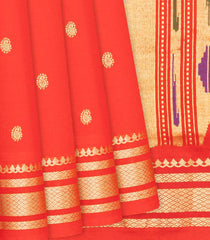 Red Handloom Paithani Silk Saree With Mango Buttas-Red