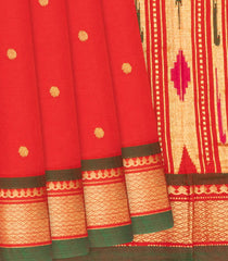 Red Handloom Paithani Silk Saree With Coin Buttas-Red