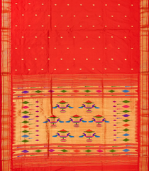 Red Handloom Paithani Silk Saree With Zari Buttas-Red