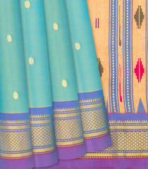 Light Blue Handloom Paithani Silk Saree With Coin Buttas-Light Blue