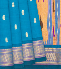 Light Blue Handloom Paithani Silk Saree With Peacock Buttas-Light Blue