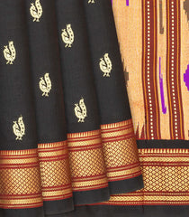 Black Handloom Paithani Silk Saree With Peacock Buttas-Black