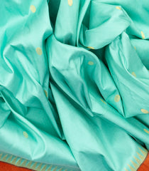 Turquoise Handloom Paithani Silk Saree With Coin Buttas & Temple Border-Turquoise