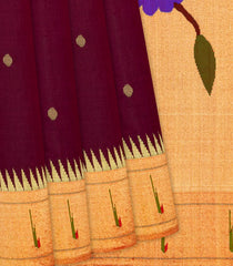 Maroon Handloom Paithani Silk Saree With Coin Buttas & Temple Border-Maroon