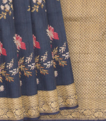 Dark Blue Handwoven Tussar Printed Silk Saree With Vine Motifs in Zari Border & Pallu