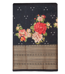 Black Woven Chiniya Silk Saree With Floral Print & Traditional Motifs in Border