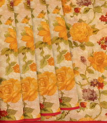 Beige Chiffon Printed Silk Printed Silk Saree With Floral Motifs In Yellow And Red-Beige