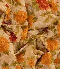 Beige Chiffon Printed Silk Printed Silk Saree With Floral Motifs In Yellow And Red-Beige