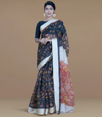 Multi Colour Woven Organza Printed Silk Saree With Cream Border-Multi Colour