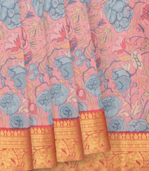 Bubble Gum Pink Printed Chiniya Silk Saree With Floral Motifs-BubbleGum Pink