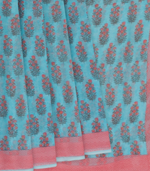 Light Blue Printed Silk Saree With Floral Motifs-Light Blue