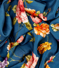 Blue Printed Crepe Silk Saree With Floral Prints-Blue