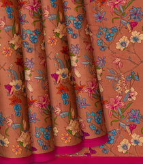 Brown Handwoven Satin Silk Saree With Printed Floral Motifs -Brown