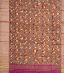 Brown Woven Moonga Tussar Silk Saree With Printed Floral Motifs -Brown