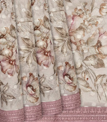 Off White Printed Organza Silk Saree With Floral Motifs-Off White