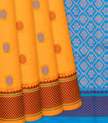 Yellow Handloom Poly Cotton Saree With Flower Motifs-Yellow