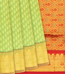 Cardamom Green Handloom Poly Cotton Saree With Floral Motifs-Cardamom Green