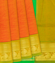 Orange Handloom Poly Cotton Saree With Mango Motifs in Border-Orange