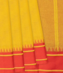 Yellow Handloom Rasipuram Cotton Saree With Ganga Jamuna Temple Border-Yellow