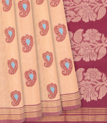 Light Peach Handloom Rasipuram Cotton Saree With Mango Buttas-Light Peach