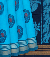 Turqoise Handwoven Rasipuram Cotton Saree With Mango Motifs-Turquoise