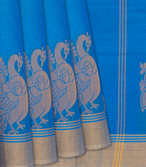 Sky Blue Handloom Rasipuram Cotton Saree With Animal Motifs-Sky Blue