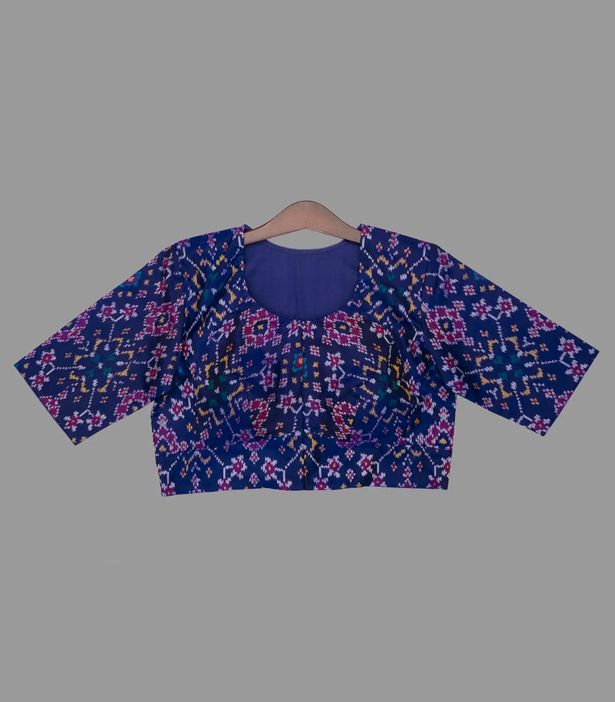 Royal blue ikat silk blouse-Blue-38