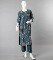 Muted Prussian Blue Floral Printed Kurti Set-Blue