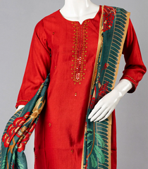 True Red Salwar Set With Digital Printed Dupatta-Red