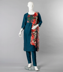 Teal Salwar Suit With Contrast Floral Dupatta-Teal