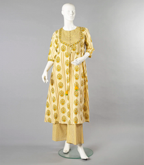 Cream And Yellow Kurti Set-Cream