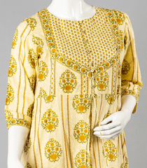 Cream And Yellow Kurti Set-Cream