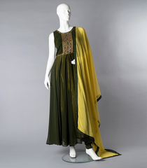 Dark Olive Chudidar Suit Set With Ruffle Dupatta-Olive Green