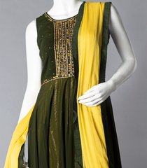 Dark Olive Chudidar Suit Set With Ruffle Dupatta-Olive Green