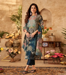 Multicolor teal floral kurta set matching dupatta