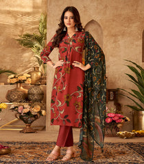 Multicolor maroon printed  floral kurta set with contrast dark green dupatta