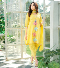 Yellow floral kurta set with matching dupatta and dhoti pants