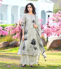 Cool Grey floral printed kurta set with matching dupatta and palazzo