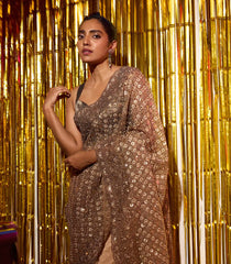 Off White Woven Net Saree With Embroidered Floral Motifs-EN1859