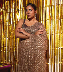 Off White Woven Net Saree With Embroidered Floral Motifs-EN1859