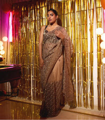 Off White Woven Net Saree With Embroidered Floral Motifs-EN1859