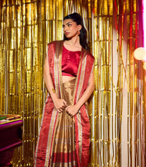 Red Handloom Chanderi Cotton Saree With Grey & Gold Stripes-CC1332