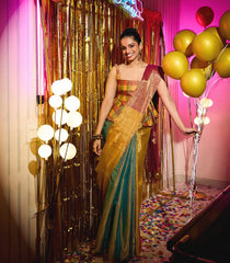 Gold & Peach Handloom Chanderi Partly Cotton Tissue Saree-CC1339