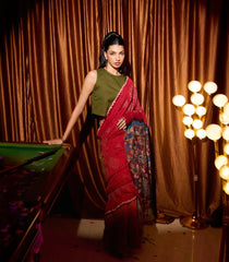 Crimson Handloom Bandhej Tussar Silk Saree With Tie & Dye Motifs -TU3034