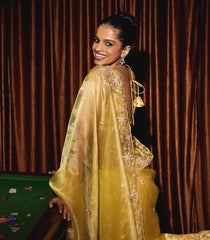 Yellow Woven Organza Saree With Embroidered Mirror Work & Floral Motifs-EN1808