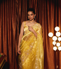 Yellow Woven Organza Saree With Embroidered Mirror Work & Floral Motifs-EN1808