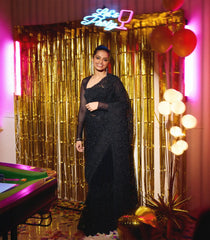 Black Woven Net Saree With Embroidered Floral Motifs & Sequin Work-EN1936