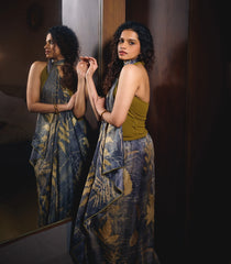 Grey Handloom Tussar Silk Saree With Eco Printed Motifs-TU2872