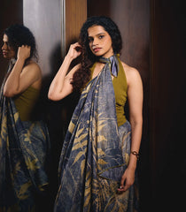 Grey Handloom Tussar Silk Saree With Eco Printed Motifs-TU2872