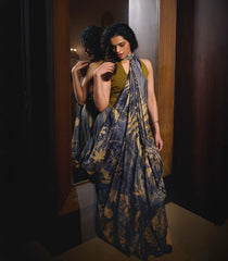 Grey Handloom Tussar Silk Saree With Eco Printed Motifs-TU2872